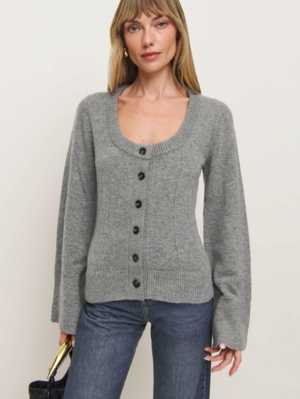 Reformation Gray Scoop Neck Button Cardigan